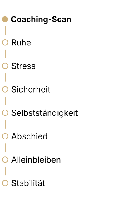 ● Coaching-Scan │ ○ Ruhe │ ○ Stress │ ○ Sicherheit │ ○ Selbstständigkeit │ ○ Abschied │ ○ Alleinbleiben │ ○ Stabilität-6